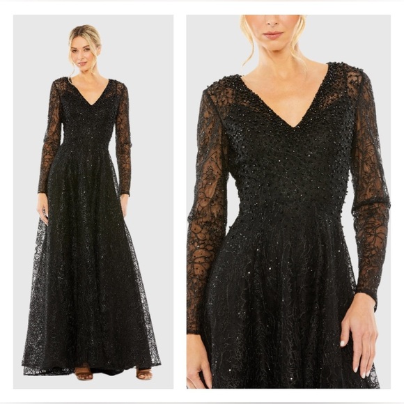 Mac Duggal 20367 NWT Black Crystal Embellished Long Sleeve V Neck Gown - Picture 1 of 10